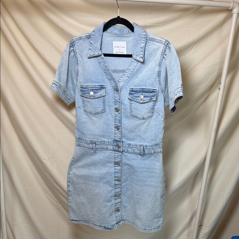 Celebrity Pink Light Blue Denim Shirt Dress
